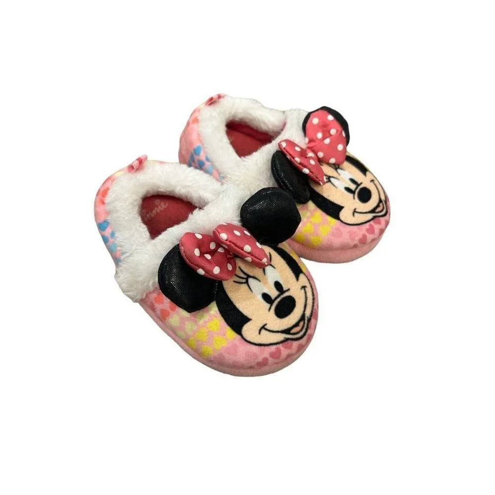 Girls Pink Minnie Mouse Hearts Slippers Size 7 8